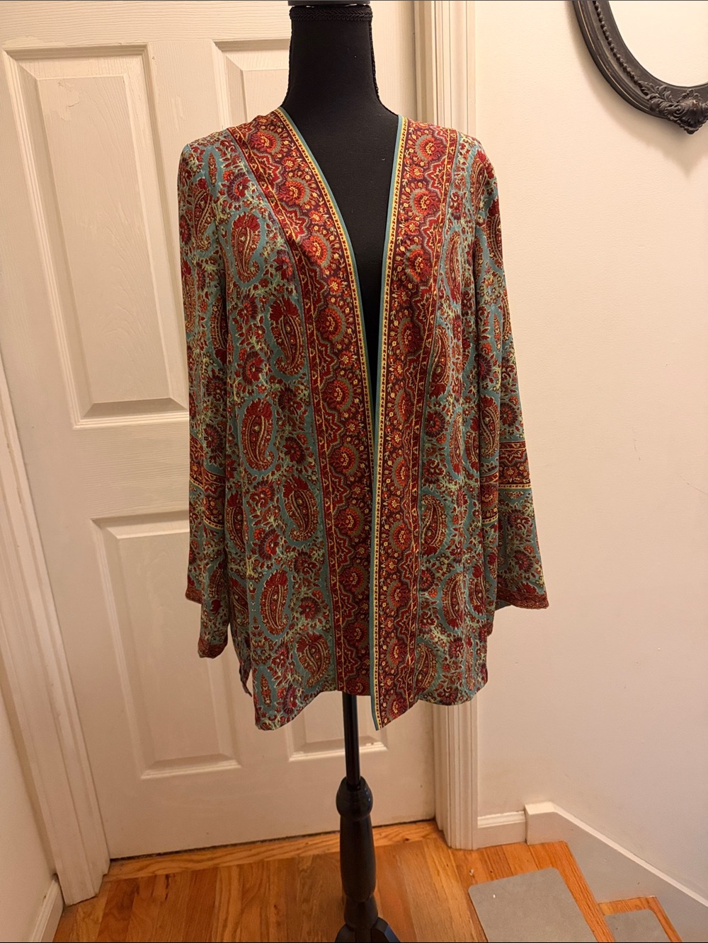 Belle by Kim Gravel Paisley Open Front Cardigan - Teal and Rust